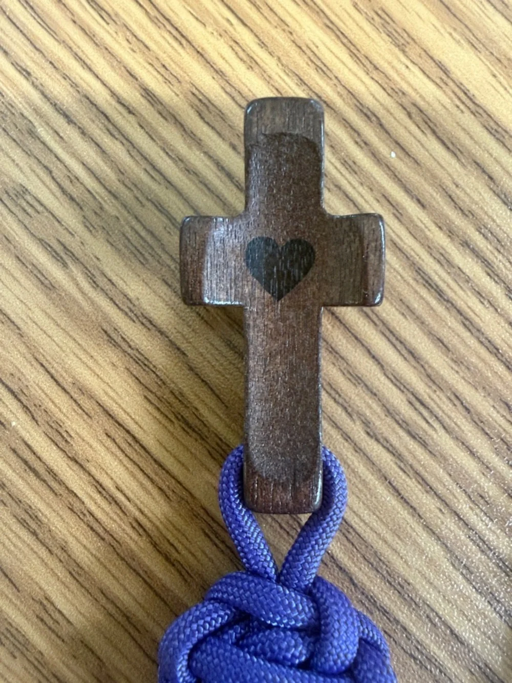 Wooden Worry Cross with Heart Inlay Paracord Keychains - Assorted Colors